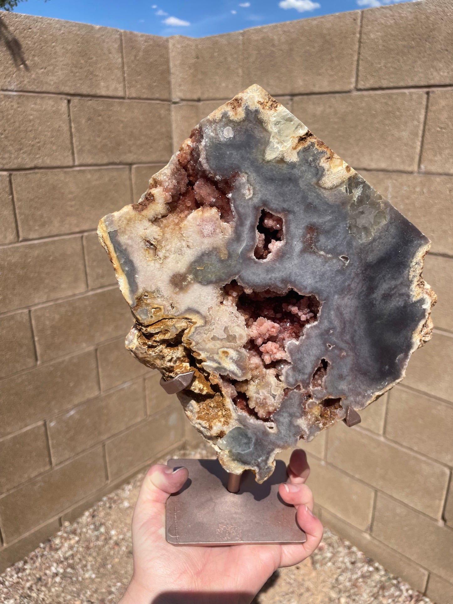 Stunning marbled agate and pink amethyst statement piece from Brazil